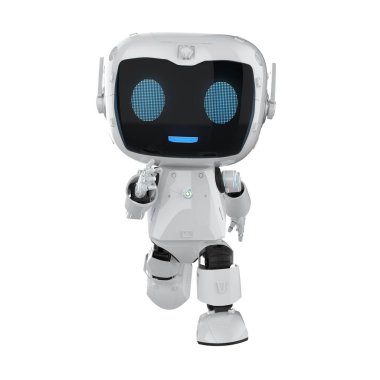 3D görüntüleme şirin ve küçük yapay zeka kişisel asistan robot beyaz üzerinde izole çizgi film karakteri yürüyüşü