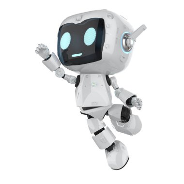3D görüntüleme şirin ve küçük yapay zeka kişisel asistan robot çizgi film karakteri sıçraması beyaz üzerine izole
