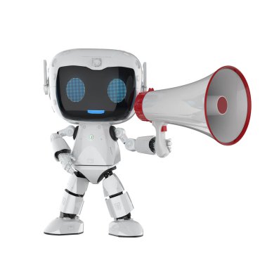 3D kişisel asistan robotu megafonla çevrimiçi pazarlama kavramı