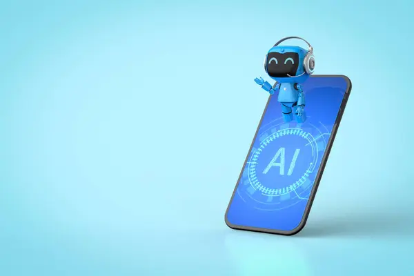 Rendering Cute Small Artificial Intelligence Personal Assistant Robot Smartphone — Stock Photo, Image