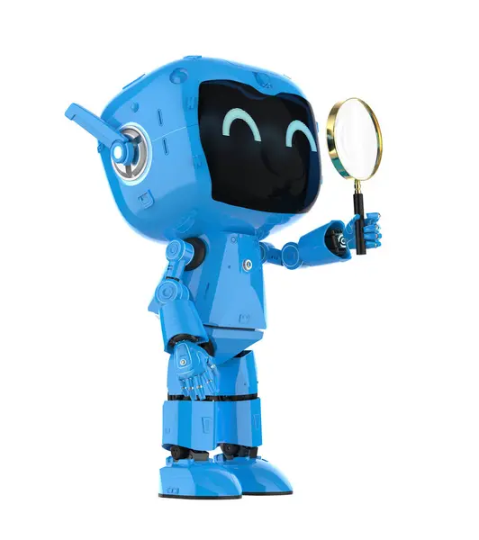 Rendering Cute Personal Assistant Robot Magnifying Glass Isolated White — Stock Photo, Image