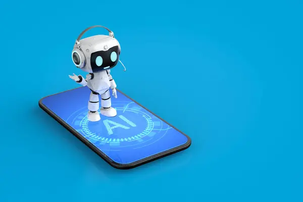 3Dレンダリング スマートフォンでかわいい小型人工知能パーソナルアシスタントロボット ストック画像