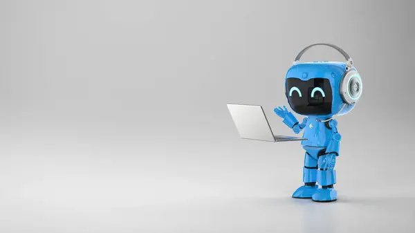 带3D渲染的自动化办公人员概念 个人助理机器人工作与计算机笔记本 免版税图库照片