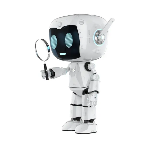 Rendering Cute Personal Assistant Robot Magnifying Glass Isolated White Stock Picture