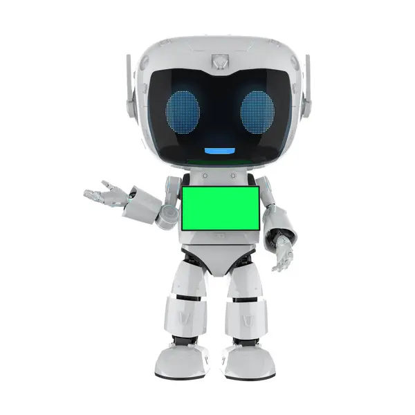 3D渲染可爱的小人工智能个人助理机器人与空屏幕 图库图片