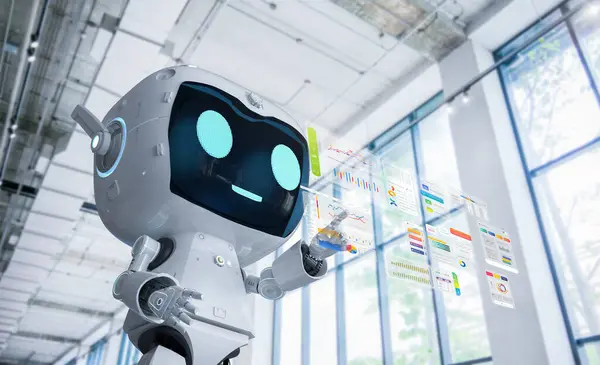 다채로운 디지털 그래픽 디스플레이와 귀여운 로봇을 렌더링 스톡 이미지