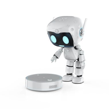 3D elektrikli süpürgeyle sevimli ai robot asistanı sunan otomatik temizlikçi kavramı