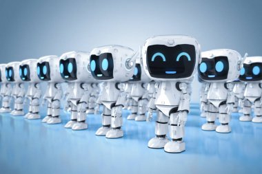 Çizgi film karakteri olan 3 boyutlu sevimli ve küçük yapay zeka asistanı robot grubu