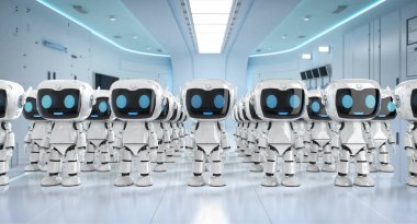 Çizgi film karakteri olan 3 boyutlu sevimli ve küçük yapay zeka asistanı robot grubu