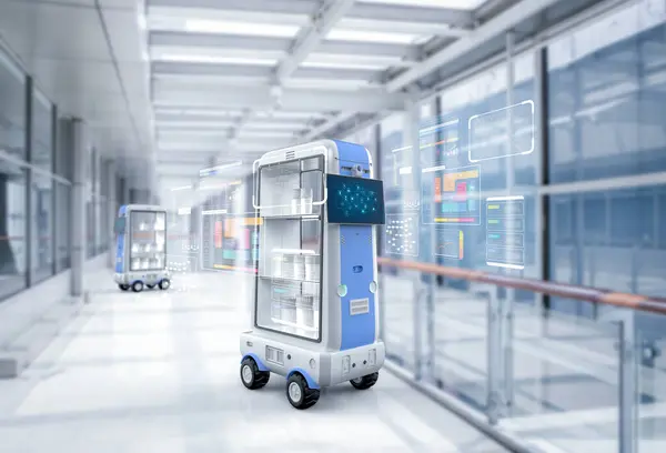 Carrello Del Robot Consegna Rendering Prodotti Trasporto Dell Assistente Robotico — Foto Stock