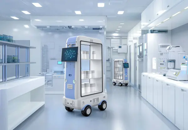 3Dレンダリング配達ロボットトロリーまたはロボットアシスタントは実験室で荷物を運ぶ — ストック写真
