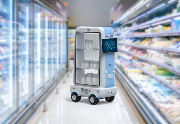 Gjengivelse Leveringsrobotvogn Eller Robot Shoppingassistent Leverer Produkter Supermarked – stockfoto