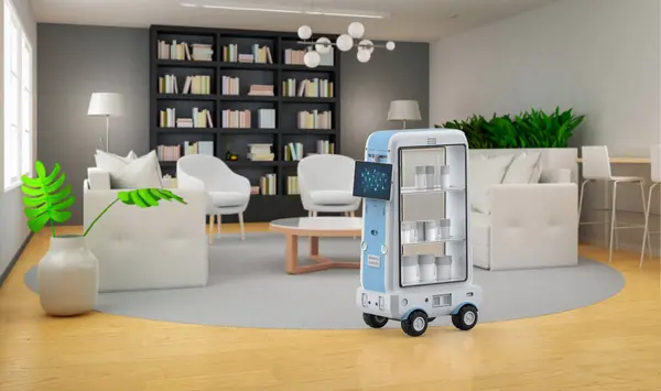 3Dレンダリング配達ロボットトロリーまたはロボットアシスタントは 家庭用に荷物を運ぶ — ストック写真