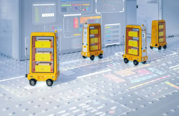 Rendering Groep Van Levering Robot Trolleys Robotassistent Vervoert Producten — Stockfoto