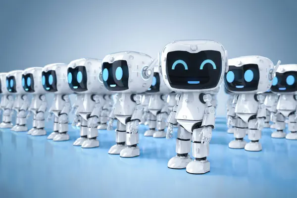 漫画のキャラクターを持つかわいい小型人工知能パーソナルアシスタントロボットの3Dレンダリンググループ ストックフォト