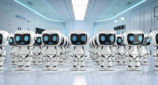 Renderelés Csoport Aranyos Kis Mesterséges Intelligencia Személyi Asszisztens Robotok Rajzfilm Jogdíjmentes Stock Fotók