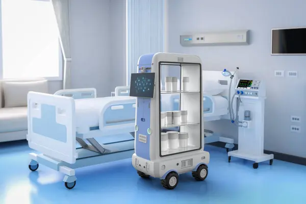 3D渲染辅助机器人或机器人推车运送药物在医院房间 图库图片