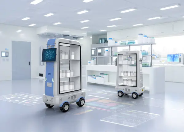 3Dレンダリング配達ロボットトロリーまたはロボットアシスタントは実験室で荷物を運ぶ ストック写真