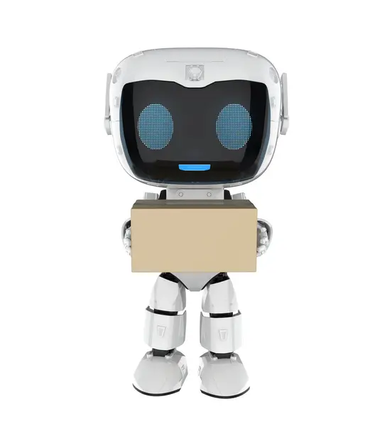 3Dレンダリングの白い配達ロボットが小包箱を送るスマートなロジスティックコンセプト ストック画像