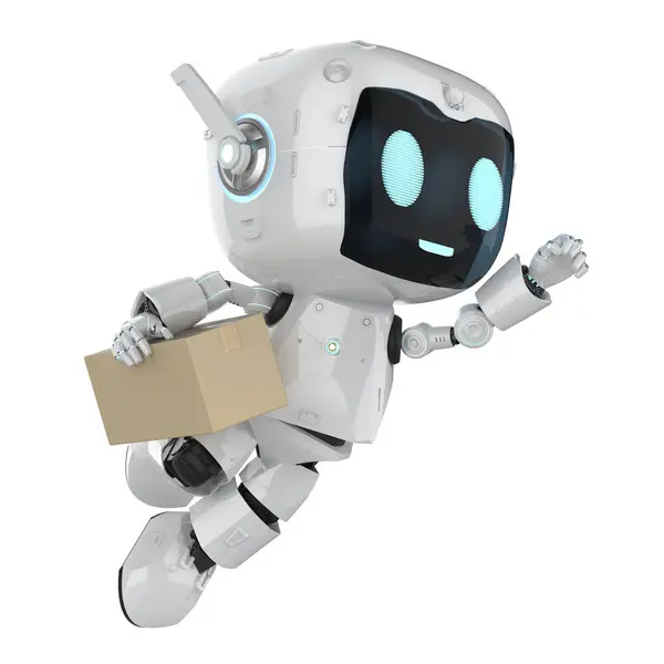 3Dレンダリングの白い配達ロボットが小包箱を送るスマートなロジスティックコンセプト ロイヤリティフリーのストック画像