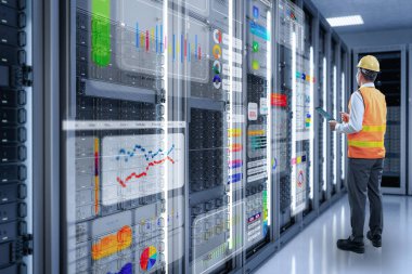 Sunucu odasında tableti olan programcı veya mühendis