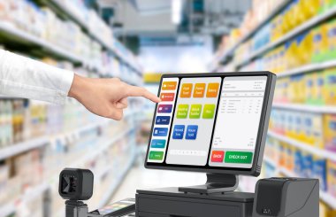 Masada parmak ucu olan 3d dokunmatik ekran noktası ya da yazar kasa makinesi