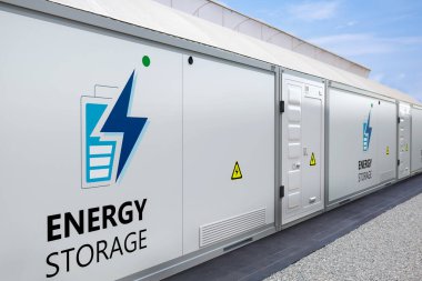 3d enerji depolama sistemi veya mavi gökyüzü arka planına sahip pil kabı birimi