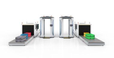 3D render Havaalanı güvenlik denetim noktası Güvenlik kapıları ve tarayıcı makine ile