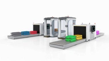 3D render Havaalanı güvenlik denetim noktası Güvenlik kapıları ve tarayıcı makine ile