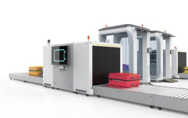 3D render Havaalanı güvenlik denetim noktası Güvenlik kapıları ve tarayıcı makine ile