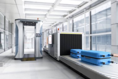 3D render Havaalanı güvenlik denetim noktası Güvenlik kapıları ve tarayıcı makine ile