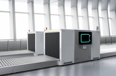 3d render tarayıcı makinesi havaalanında bagaj tarama 