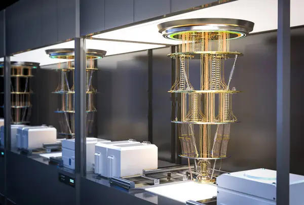 stock image 3d rendering group of quantum computer machines in shields