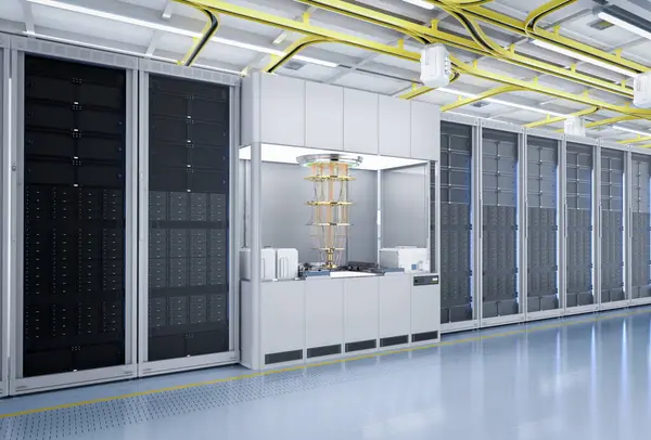 stock image 3d rendering quantum server network with quantum computer machine in server room