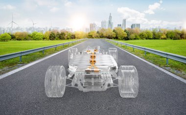 Şehrin arka planında 3D şeffaf her araba ya da elektrikli araç çizimi