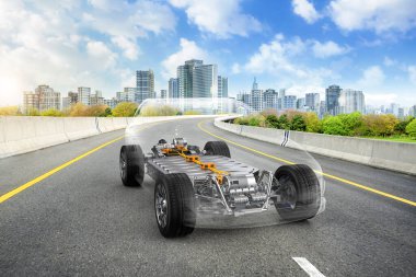 Şehrin arka planında 3D şeffaf her araba ya da elektrikli araç çizimi