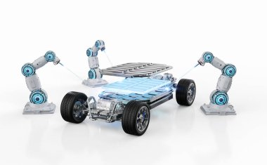 Otomotiv otomobil fabrikası konsepti. Platformunda elektrikli araba aküsü modülü olan 3 boyutlu robot montaj hattı.