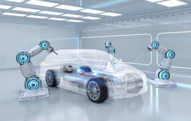 Otomotiv otomobil fabrikası konsepti. Platformunda elektrikli araba aküsü modülü olan 3 boyutlu robot montaj hattı.