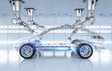 Otomotiv otomobil fabrikası konsepti. Platformunda elektrikli araba aküsü modülü olan 3 boyutlu robot montaj hattı.