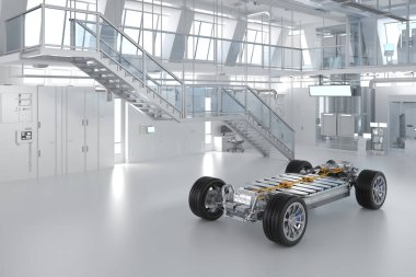 Elektrikli araba araştırma ve geliştirme. Laboratuvardaki platformda her arabayı batarya hücre modülü ile hazırlıyor.