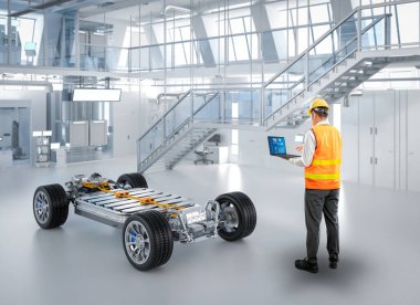 Fabrikada her arabayla Asyalı mühendis veya teknisyen çalışıyor.