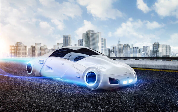 3D рендеринг в автомобиле или электромобиле в городе на фоне городского пейзажа