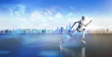 Akıllı şehir için yapay zeka robotu 3D yardımcı robot çalıştırma ya da şehirde ilerleyin