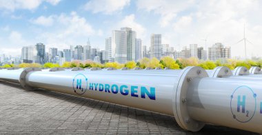 3D rendeleme metal hidrojen boru hattı yeşil alan ve mavi gökyüzü şehir arka planı karşı