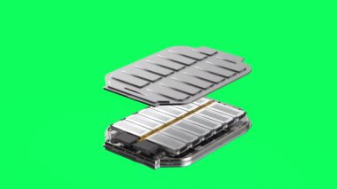 Yeşil ekran üzerinde izole edilmiş elektrikli araç aküsü veya lityum iyon kese hücresi paketinin patlamış görüntüsü
