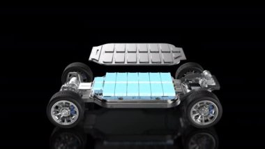 Elektrikli araç aküsünün patlamış görüntüsü veya siyah arka planda parlayan lityum-iyon hücre modülü paketi
