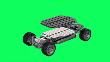 Yeşil ekran üzerinde izole edilmiş elektrikli araç aküsü veya lityum iyon kese hücresi paketinin patlamış görüntüsü
