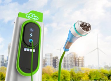 Çevre dostu konnektör üzerine odaklanmak için her şarj istasyonu veya elektrikli araç şarj istasyonu 3d renderlenir