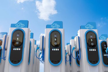3d rendering group of ev charging stations or electric vehicle recharging stations with blue sky background