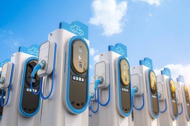 3d rendering group of ev charging stations or electric vehicle recharging stations with blue sky background